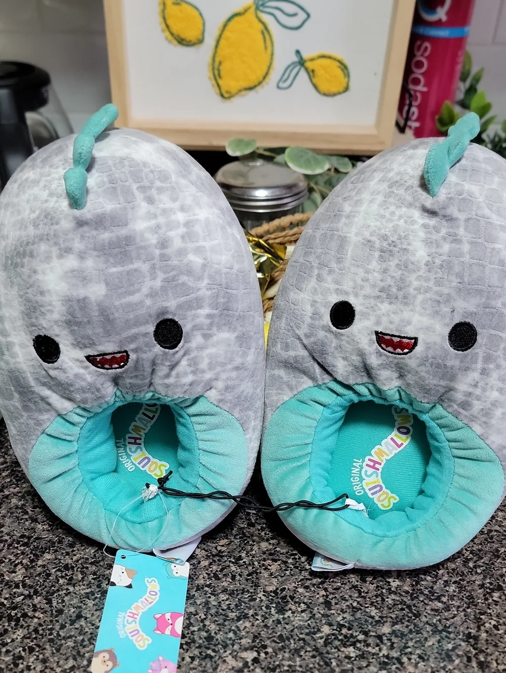 Squishmallows Gray & Teal Kids Plushy Slippers Size 4/5